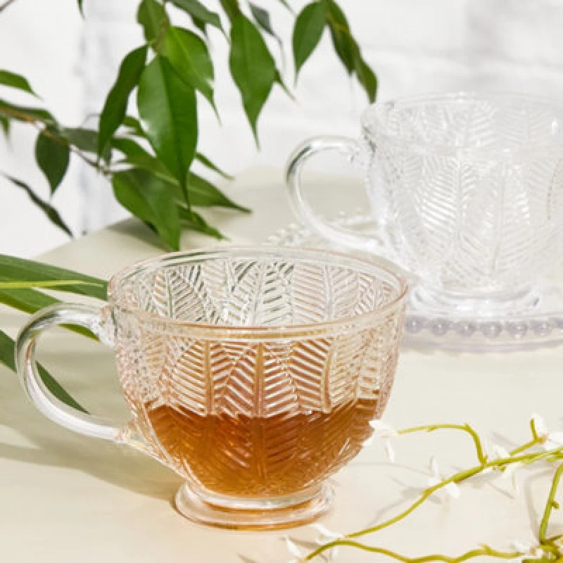 Image of Dibor Set Of 2 Vintage Style Embossed Botanical Design Coffee Mug Clear Tea Cups 400Ml