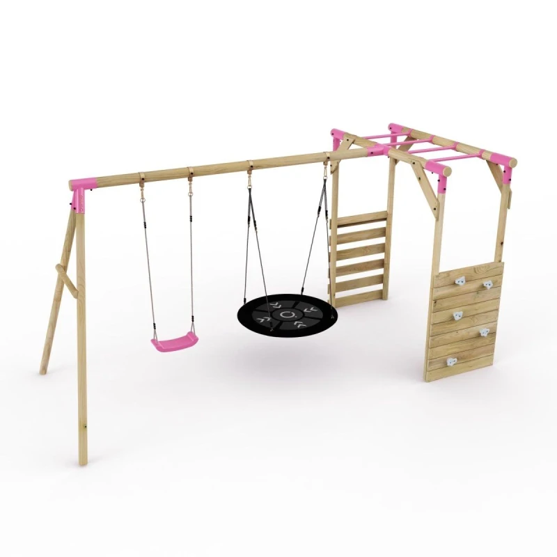 Image of Rebo Wooden Double Swing Set with Climbing Wall and Monkey Bars - Meteorite Pink Pink