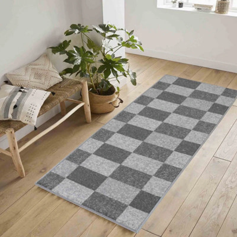 Image of Machine Washable Square Design Anti Slip Doormats Grey 67X220 Cm