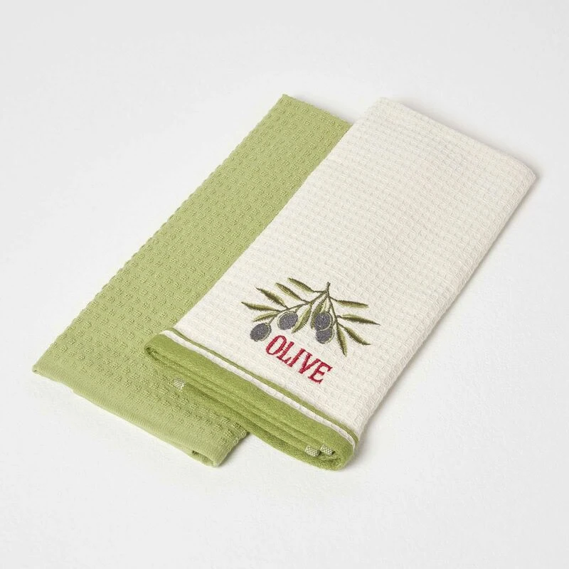 Image of Homescapes Olive Waffle Cotton Tea Towels, Set of 2 Green