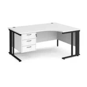Image of Office Desk Right Hand Corner Desk 1600mm With Pedestal White Top With Black Frame 1200mm Depth Maestro 25 MCM16ERP3KWH