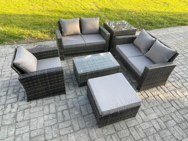 Image of Fimous Wicker Rattan Garden Furniture Sofa Set with Rectangular Coffee Table Double Seat Sofa Chair Big Footstool Side Table 6 Seater Rattan Set Dark