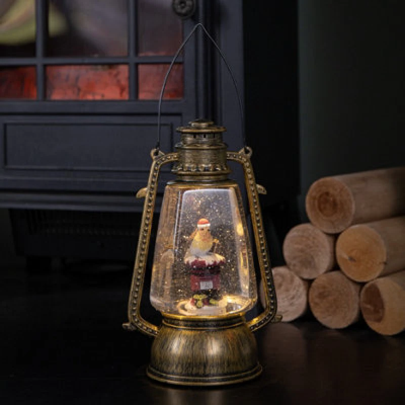 Image of Samuel Alexander 24Cm Dual Powered Light Up Antique Effect Christmas Water Spinner Hurricane Lantern With Robin On Postbox