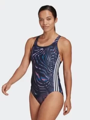 Image of adidas Souleaf Graphic 3-stripes Swimsuit, Blue, Size 32, Women