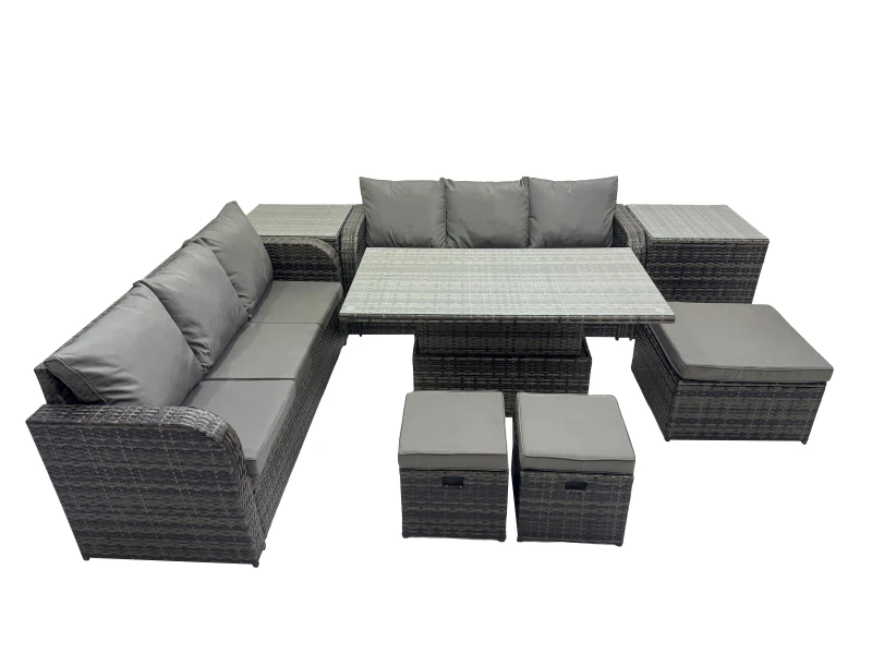 Image of Fimous Rattan Garden Furniture Set 9-seater with 2 Side Table 3 Footstools in Dark Grey Dark Grey Unisex