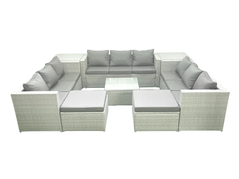 Image of Fimous Rattan Garden Outdoor Furniture Set 11 Seater Rattan Garden Sofa Set with 2 Big Footstools 2 Side Tables Light Grey Mixed Light Grey