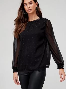 Image of Superdry Lurex High Neck Sheer Sleeve Blouse - Black, Size 8, Women
