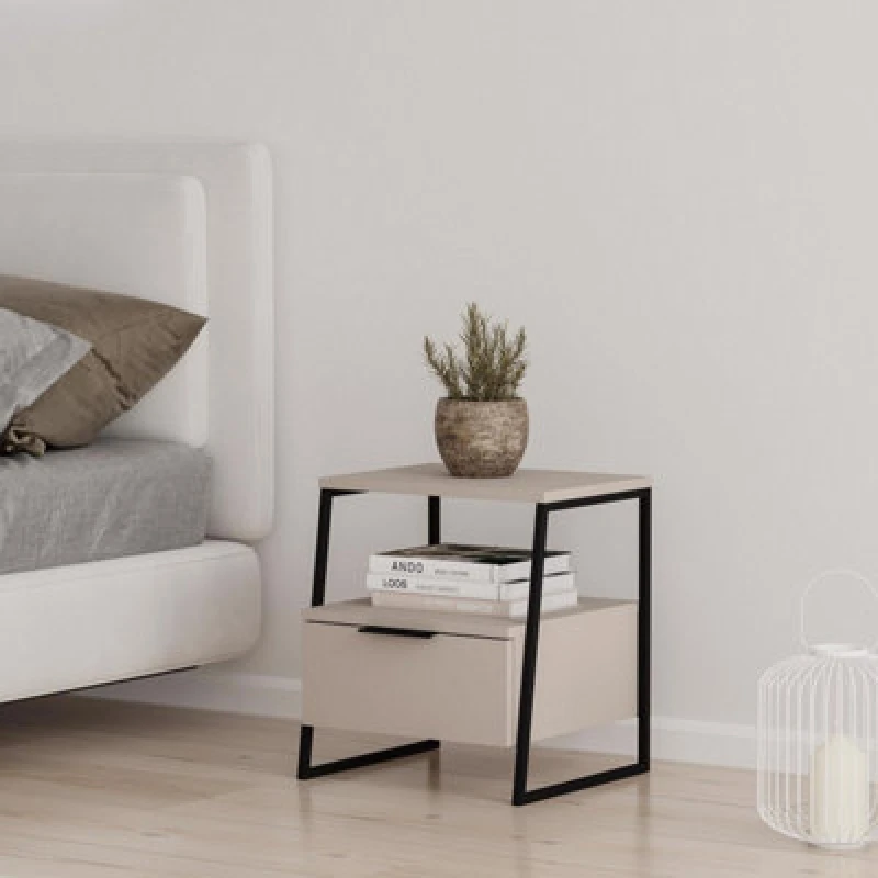 Image of FWStyle FWStyle 1 Drawer Bedside Chest Table Sandstone Open Shelf in Beige Beige One Size Unisex 8683628016190