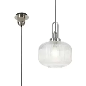 Image of Luminosa 1 Light Pendant E27 With 30cm Pumpkin Shaped Ribbed Glass, Clear Polished Nickel, Matt Black