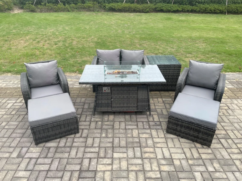 Image of Fimous Rattan Garden Furniture Set Outdoor Patio Gas Fire Pit Dining Table and Chairs with Love seat Sofa Dark Grey unisex
