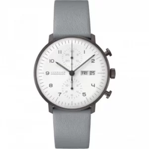Image of Junghans Max Bill Chronoscope Automatic White Dial Grey Leather Strap Mens Watch 027/4008.05