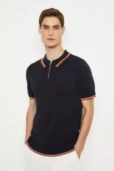 Image of Mens Navy Short Sleeve Tipped Knitted Polo Shirt