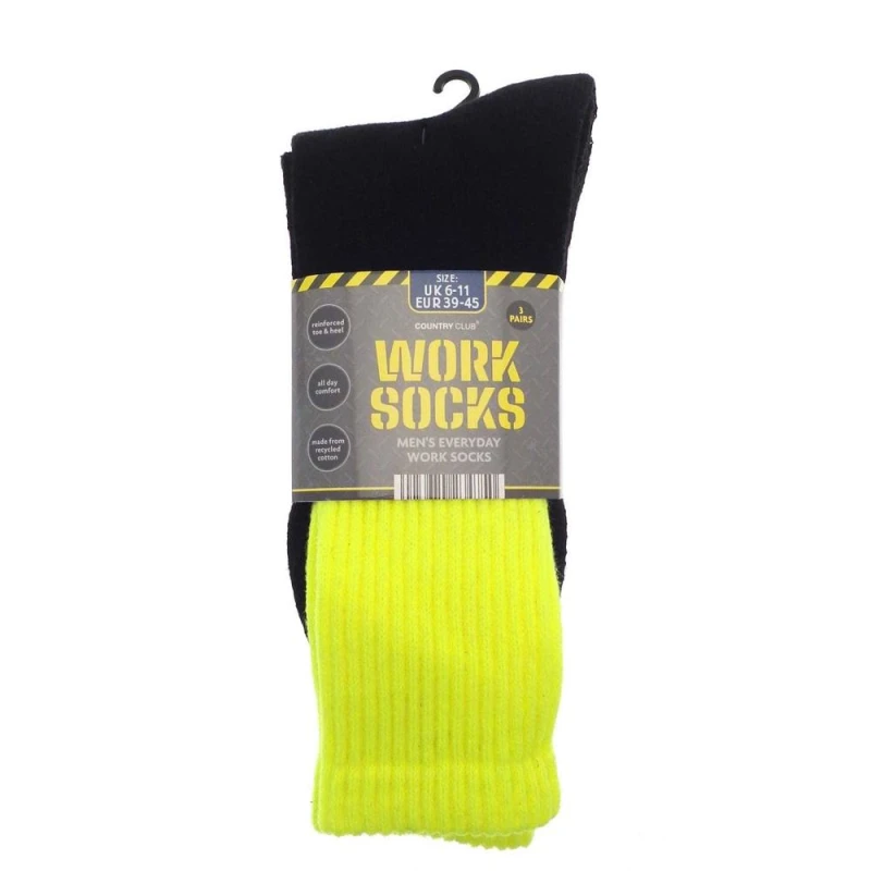 Image of Country Club Country Club Men Pack of 3 Everyday Cotton Work Socks - Bright Tops in Black Size: 6-12 Black 6-12 Male 5023674234750