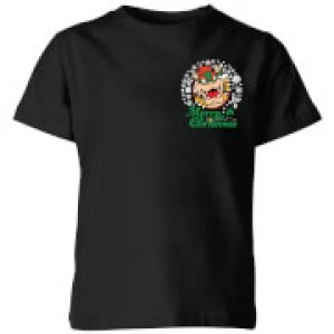 Image of Nintendo Super Mario Bowser Merry Christmas Pocket Wreath Kid's Christmas T-Shirt - Black - 9-10 Years