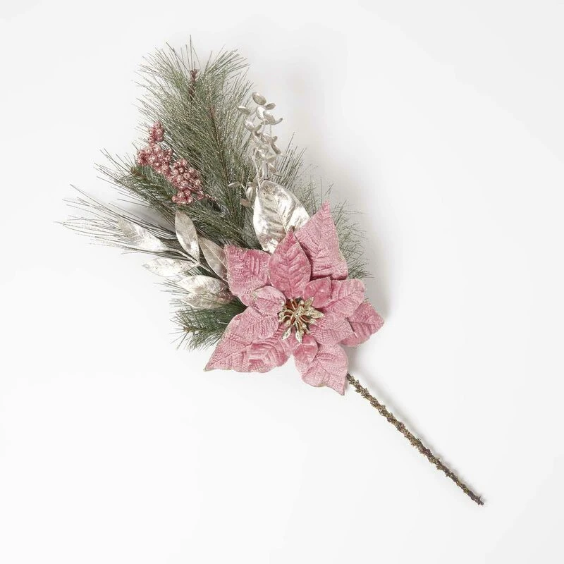 Image of Homescapes Pink & Green Poinsettia Christmas Swag, 71cm Pink