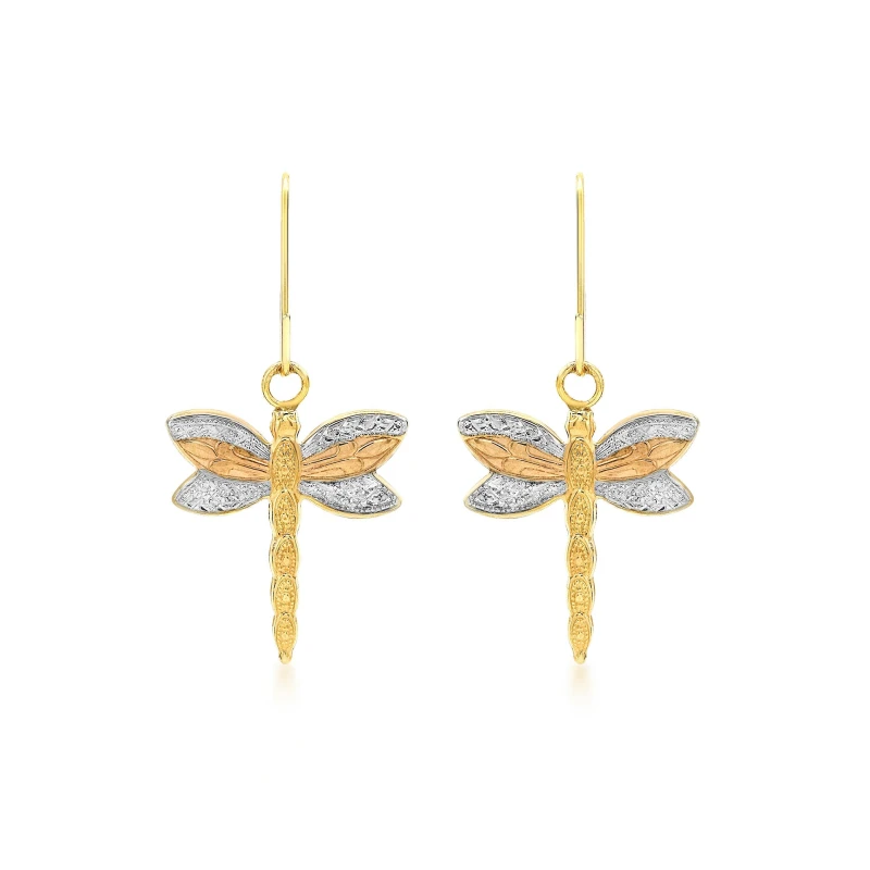 Image of Be You 9ct Gold 3-Colour Dragonfly Drop Earrings 2-Tone female One Size