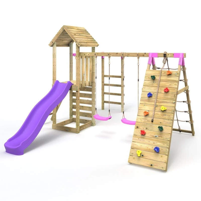 Image of Rebo Wooden Climbing Frame with Swing, Climbing Wall, Monkeybars and Slide - Dolomite Pink Pink