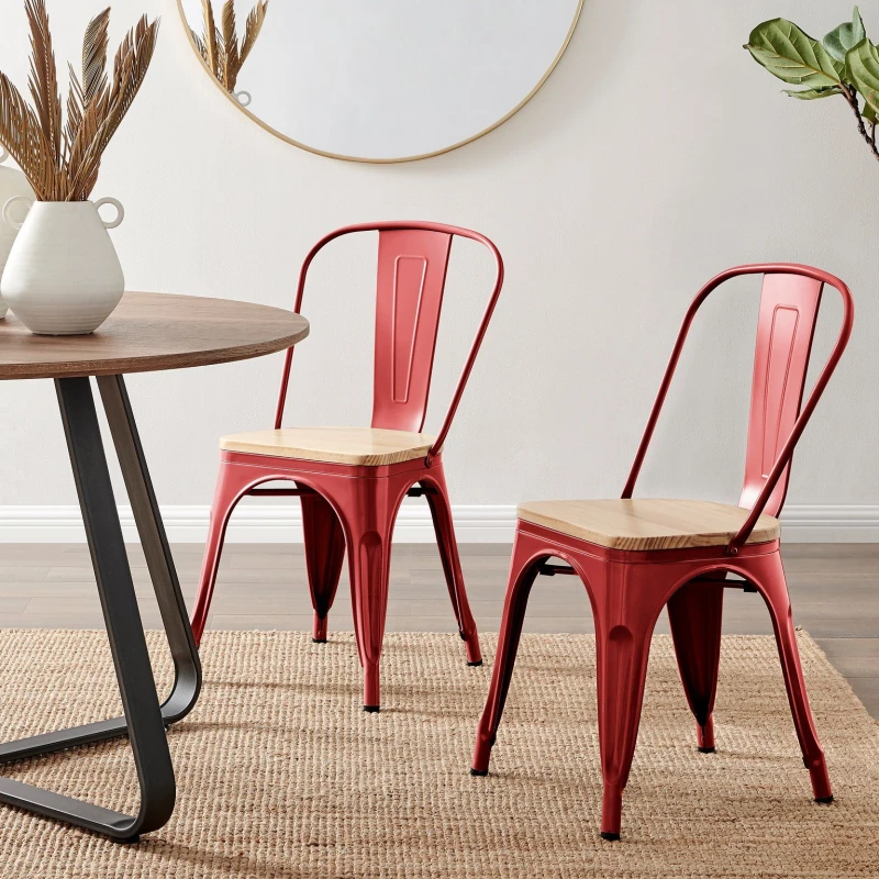 Image of FurnitureboxUK FurnitureboxUK Set of 2 Colton Industrial Steel Stackable Tolix Style Dining Chairs With Pine Seats in Red Red One Size Unisex 50565426