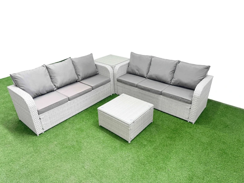 Image of Fimous Outdoor Garden Furniture Sets 6 Seater Wicker Rattan Furniture Sofa Sets with Square Coffee Table high Back Lounge Sofa Side Table Light Grey L
