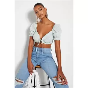 Image of I Saw It First Textured Gingham Puff Sleeve Cropped Bralet - Green