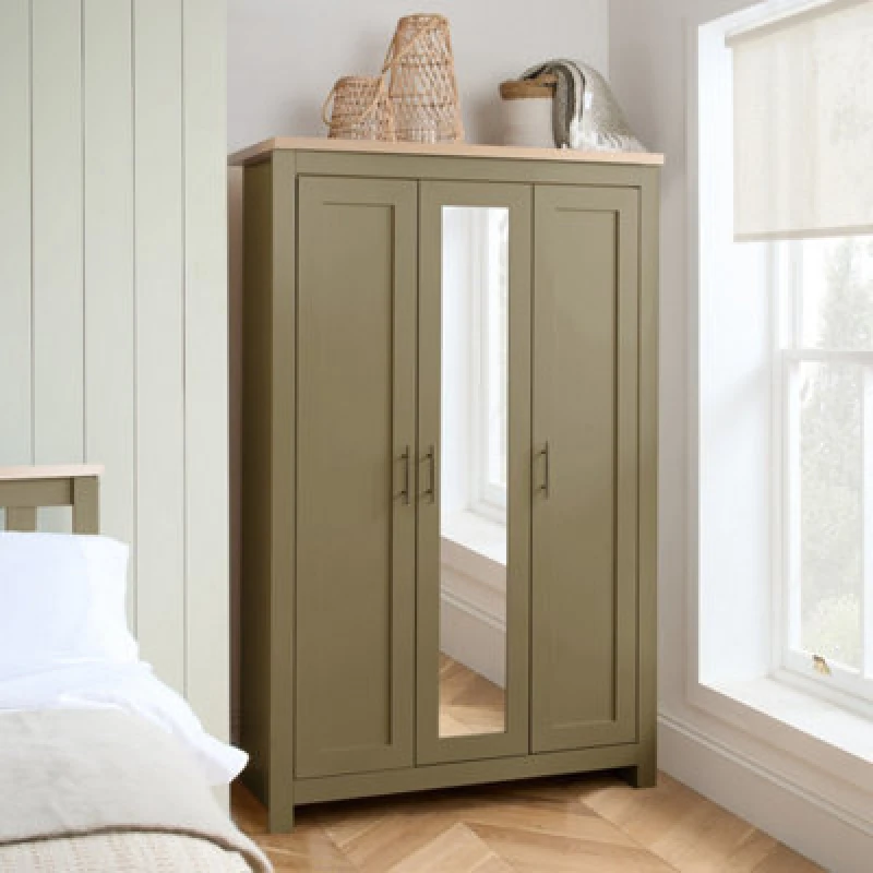 Image of Birlea 3 Door Mirror Wardrobe Birlea Highgate Farmhouse Shabby Chic in Olive Olive One Size Unisex 5056206654078