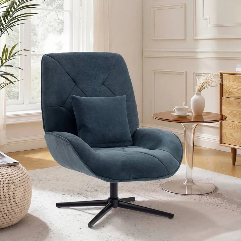 Image of Homcom Swivel Accent Chair, Chenille Armchair With Lumbar Pillow, Dark Green