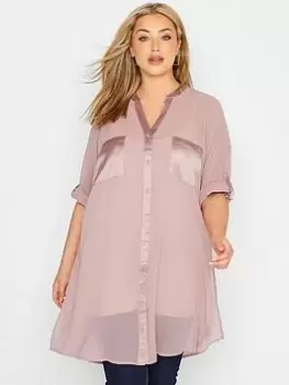 Image of Yours Satin Pocket Long Line Shirt - Pink, Size 20, Women