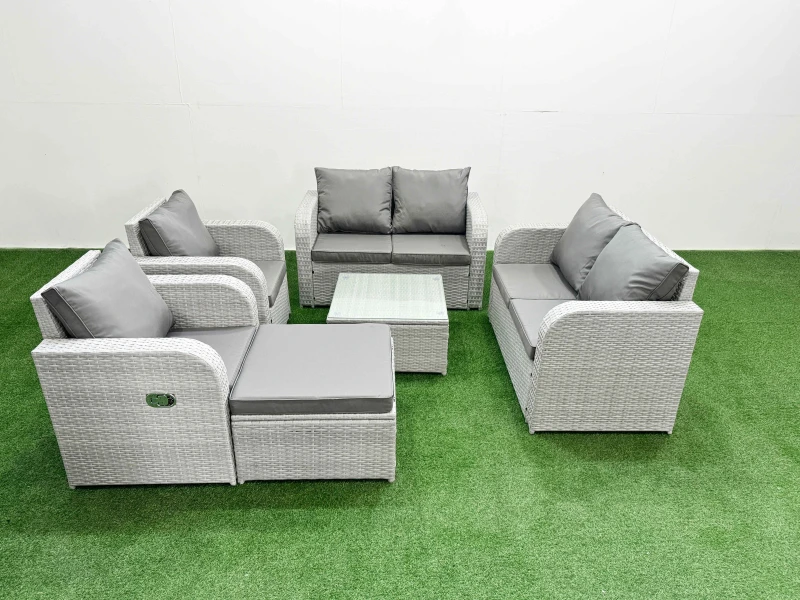 Image of Fimous 7 Seater Outdoor Reclining Chair Love Sofa Set Rattan Garden Furniture Set with Square Coffee Table Footstool Light Grey Light Grey