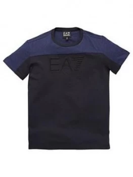 Image of Emporio Armani EA7 Short Sleeve Colour Block T-Shirt Blue Size 14 Years Boys