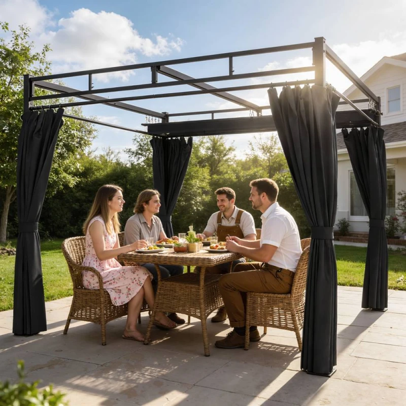 Image of Outsunny 3 X 3 M Garden Pergola With Retractable Canopy, Curtains, Dark Grey 84C-681V00CG