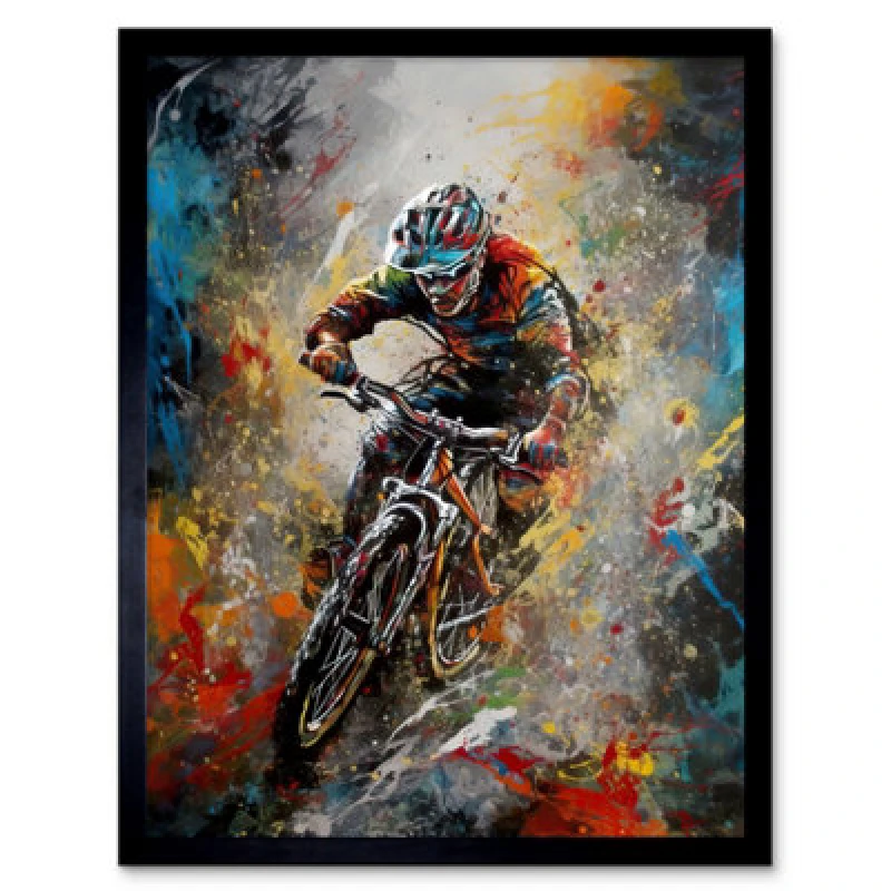 Image of Artery8 Mountain Biker Paint Action Shot Home Decor 12X16" Framed Wall Art Print