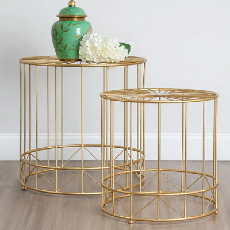 Image of Premier Housewares Interiors By Premier Geometric Design Set Of 2 Round Side Tables, Sleek Bed Side Table For Bedroom, Gold Finish Lounge Table Gold