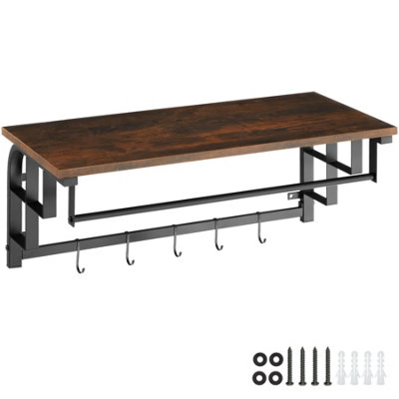 Image of Tectake Coat Rack - Wall Mounted, Storage Shelf, Hanging Rail, 5 Hooks - Industrial Wood Dark, Rustic