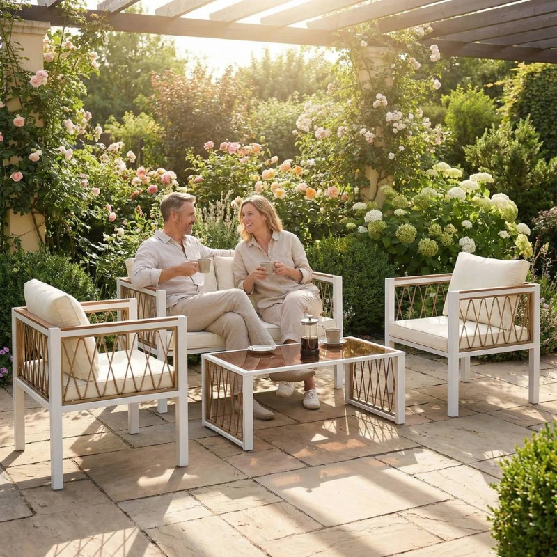 Image of OUTSUNNY 4 Seater Rattan Garden Furniture Set with Metal Frame, Cream White Cream Unisex