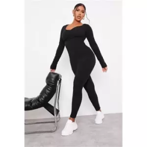 Image of I Saw It First Black Crinkle Rib Extreme Ruched Plunge Front Jumpsuit - Black