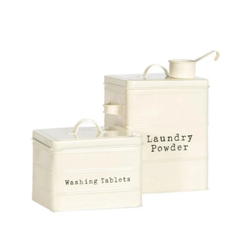 Image of Harbour Housewares 2 Piece Utility Canisters Set - Cream - Vintage Metal Home Kitchen Canister Tin Box Utility Laundry Storage