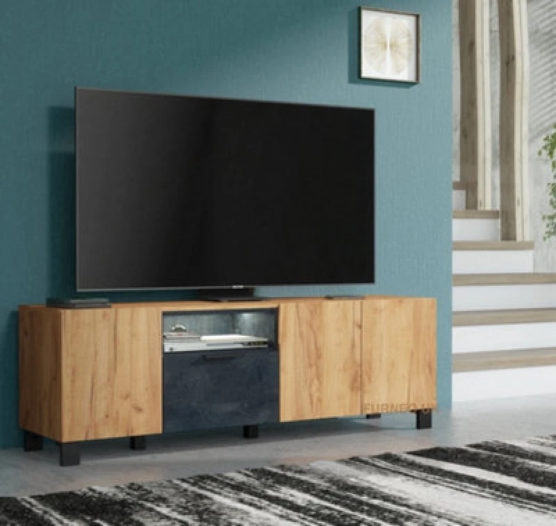 Image of Furneo 150Cm TV Stand Oak & Black Concrete Effect Unit Cabinet White LED Lights Enzo 04