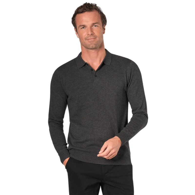 Image of Brook Taverner Brook Taverner Men Casper Knitted Long-Sleeved Polo Shirt in Charcoal Size: Small Charcoal S Male 5063238657984