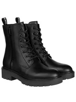 Image of Calvin Klein Jeans Leather Combat Mid Lace Up Boot - Black, Size 41, Women