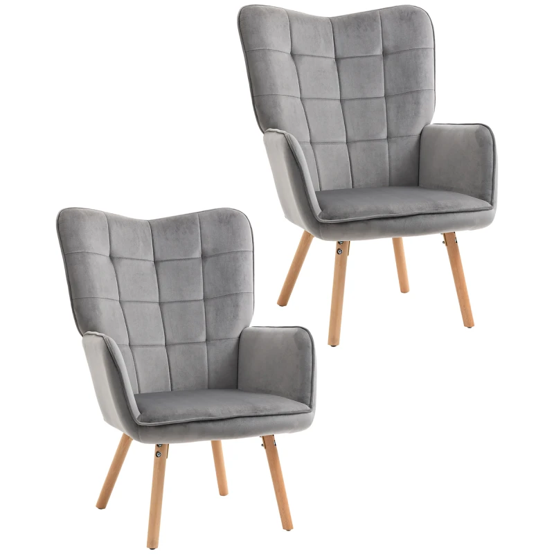 Image of HOMCOM Plush Velveteen Armchairs: Tufted Wingback Duo for Lounging Luxury, Wooden Legs, Slate Grey