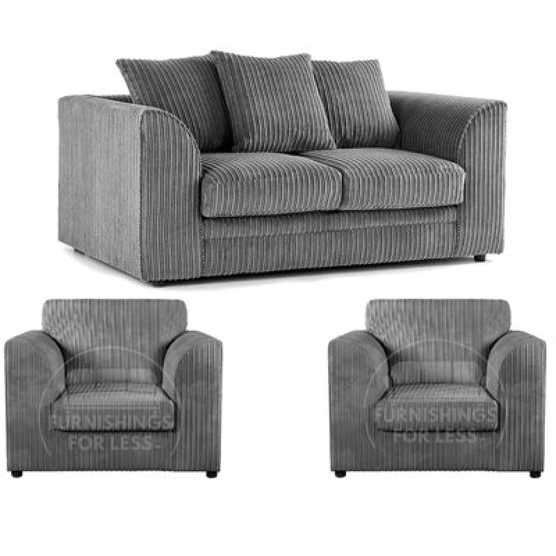 Image of Furnishings For Less UK Luxor Jumbo Cord 2 + 1 + 1 Fabric 3 Piece Sofa Suite - Scatter Back Grey