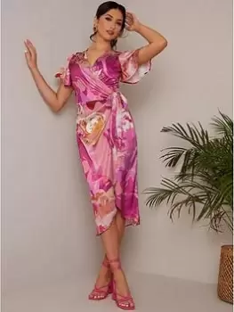 Image of Chi Chi London Short Sleeve V Neck Floral Midi Dress In Pink, Size 16, Women