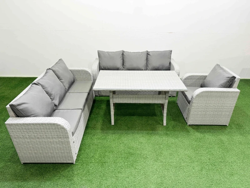 Image of Fimous 7 Seater Poly Rattan Outdoor Garden Furniture Rectangular Dining Table Sofa Set Patio 3 Seater Sofa Reclining Chair 3 Seater Sofa Light Grey Li