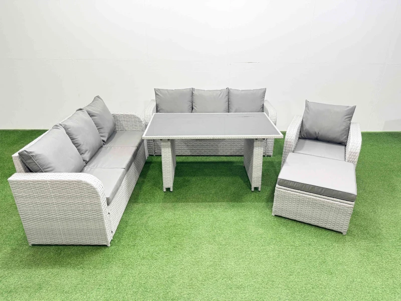 Image of Fimous 8-seater Patio Rectangular Table Sofa Set with Big Stool in Light Grey Light Grey Unisex