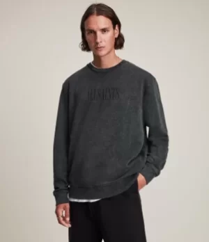 Image of AllSaints Mens Gallo Crew Sweatshirt, Washed Black, Size: XS