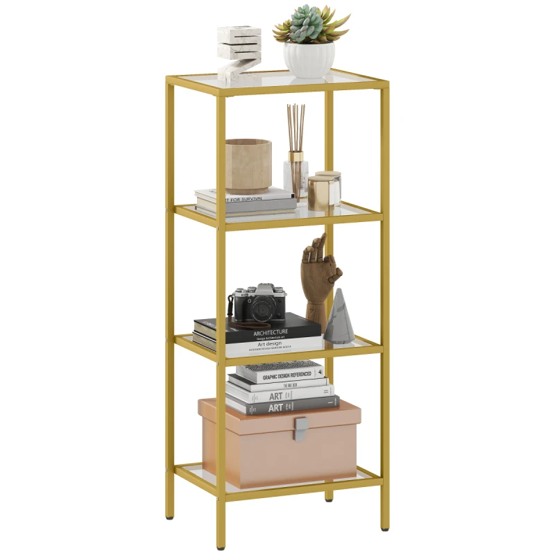Image of HOMCOM 4-Tier Shelving Unit Modern Glass Shelf Bookshelf for Home Gold Tone, Gold 838-564V00GD