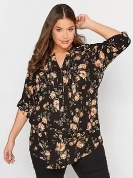 Image of Yours Pintuck Shirt Black Natural Floral, Black, Size 30-32, Women