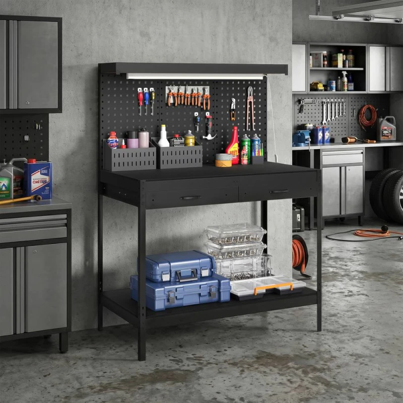 Image of HOMCOM 110cm Workbench with Pegboard & LED Light, 272 kg Load Capacity in Black Unisex