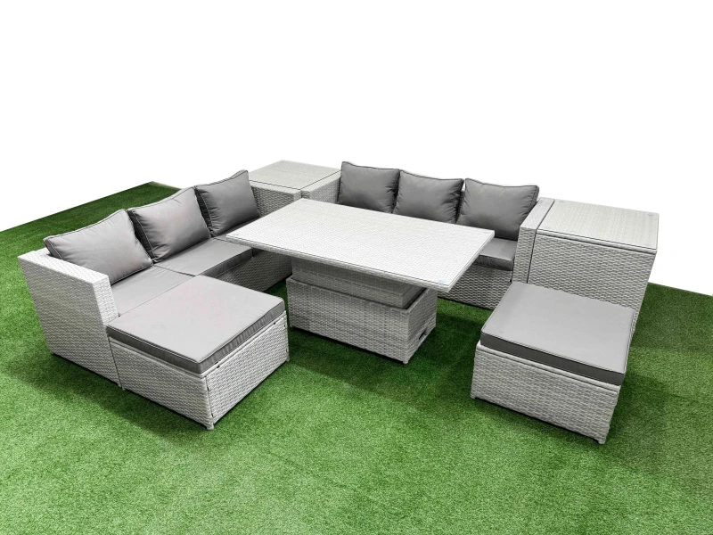 Image of Fimous 7 Pcs Rising Dining Table Set Rattan Furniture Set With 3 Seater Sofa 2 Big Footstools 2 Side Tables Light Grey