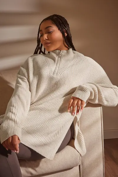 Image of Yours Quarter Zip Knitted Jumper Cream